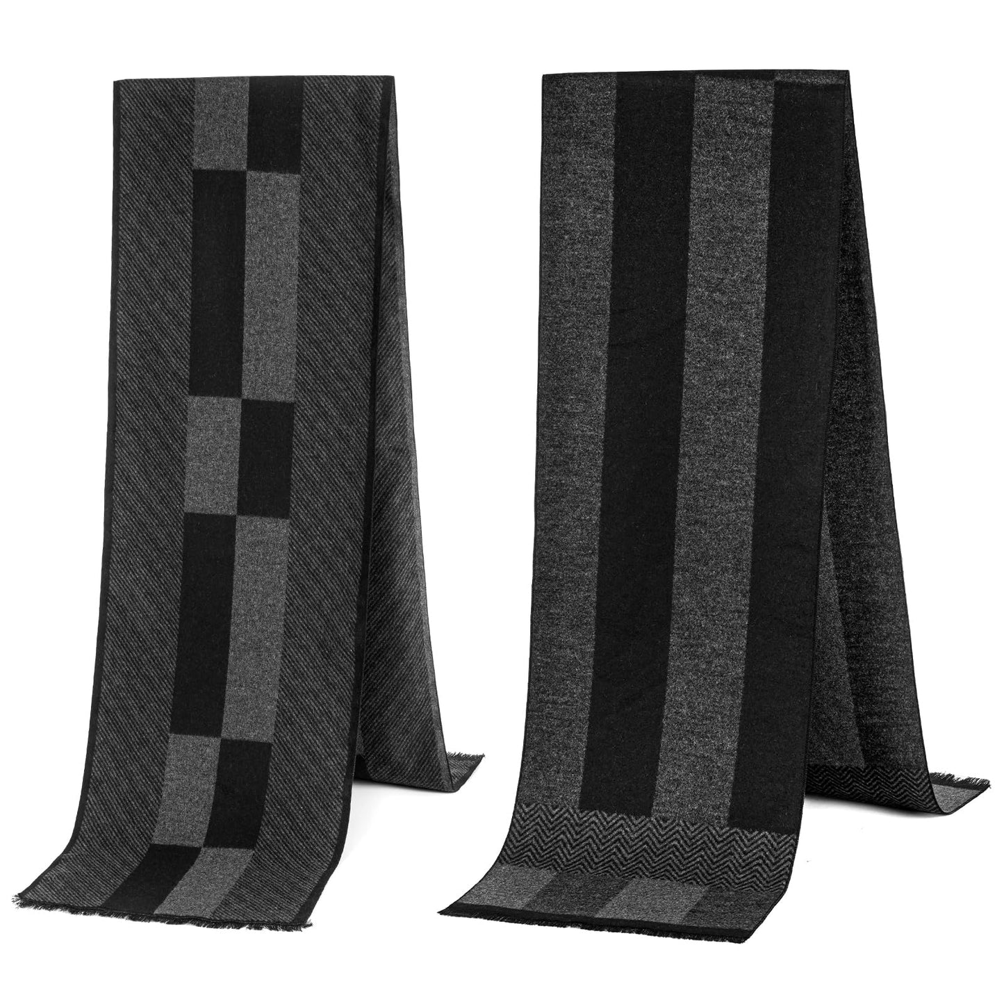 SUNOVELTIES Mens Winter Warm Scarf, 2 Pack Feel Wool Blend Tassel Soft Scarves Black Grey Long Grid Plaid Pattern