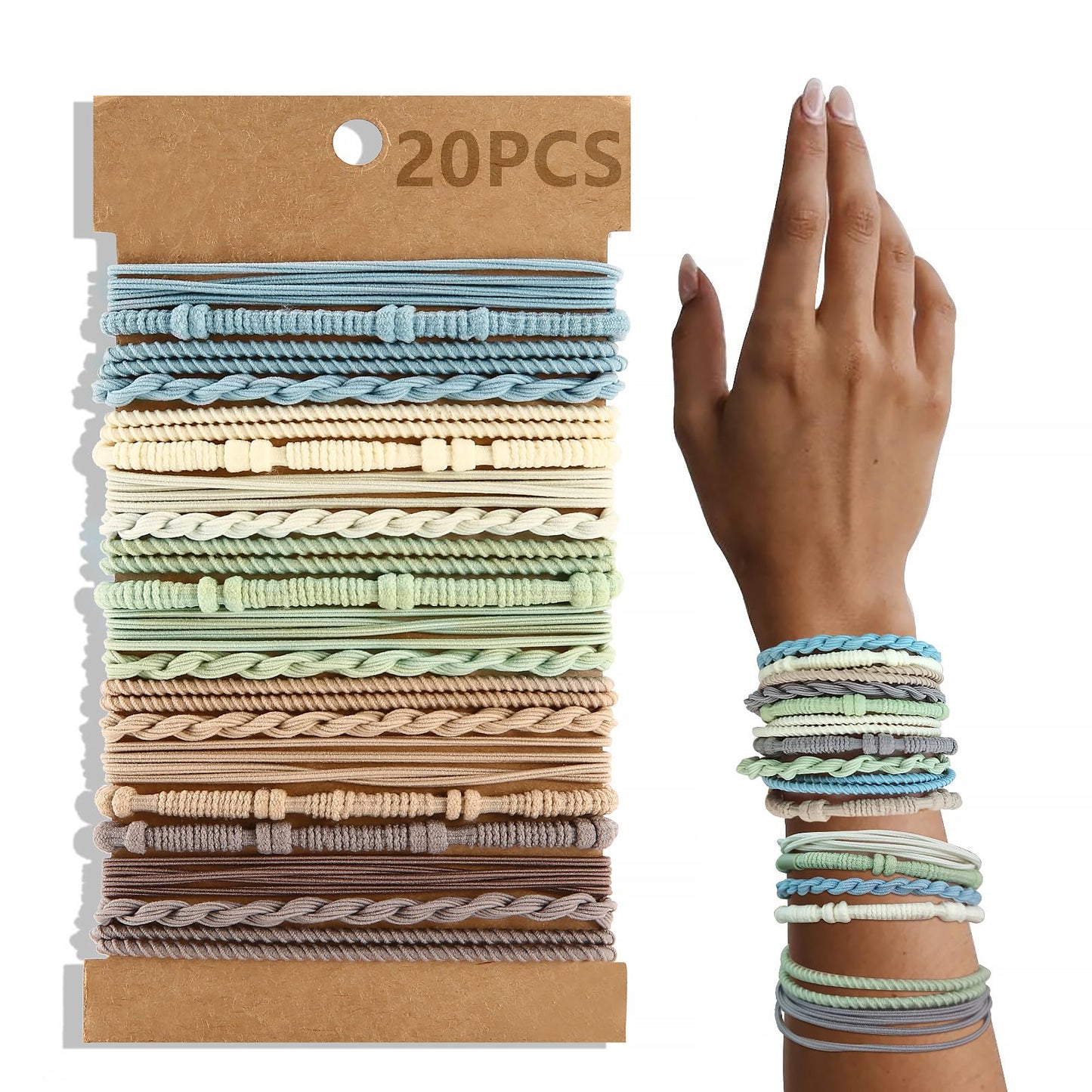 20 PCS Boho Hair Ties, Bracelets Hair Ties for Thick or Thin Hair, 4 Styles Boho Ties for Ponytail Holders, 2.36’’ Hair Ties No-Damage, Brown