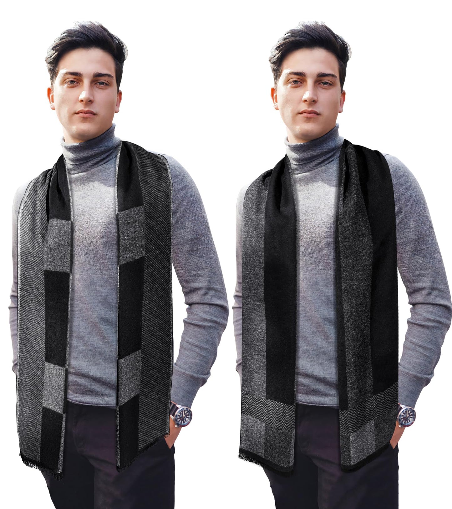 SUNOVELTIES Mens Winter Warm Scarf, 2 Pack Feel Wool Blend Tassel Soft Scarves Black Grey Long Grid Plaid Pattern