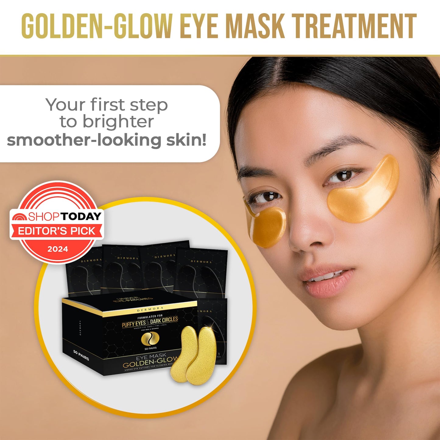 DERMORA Golden Glow Under Eye Patches (20 Pairs Eye Gels) - Rejuvenating Treatment for Dark Circles, Puffy Eyes, Refreshing, Revitalizing, Travel, Wrinkles