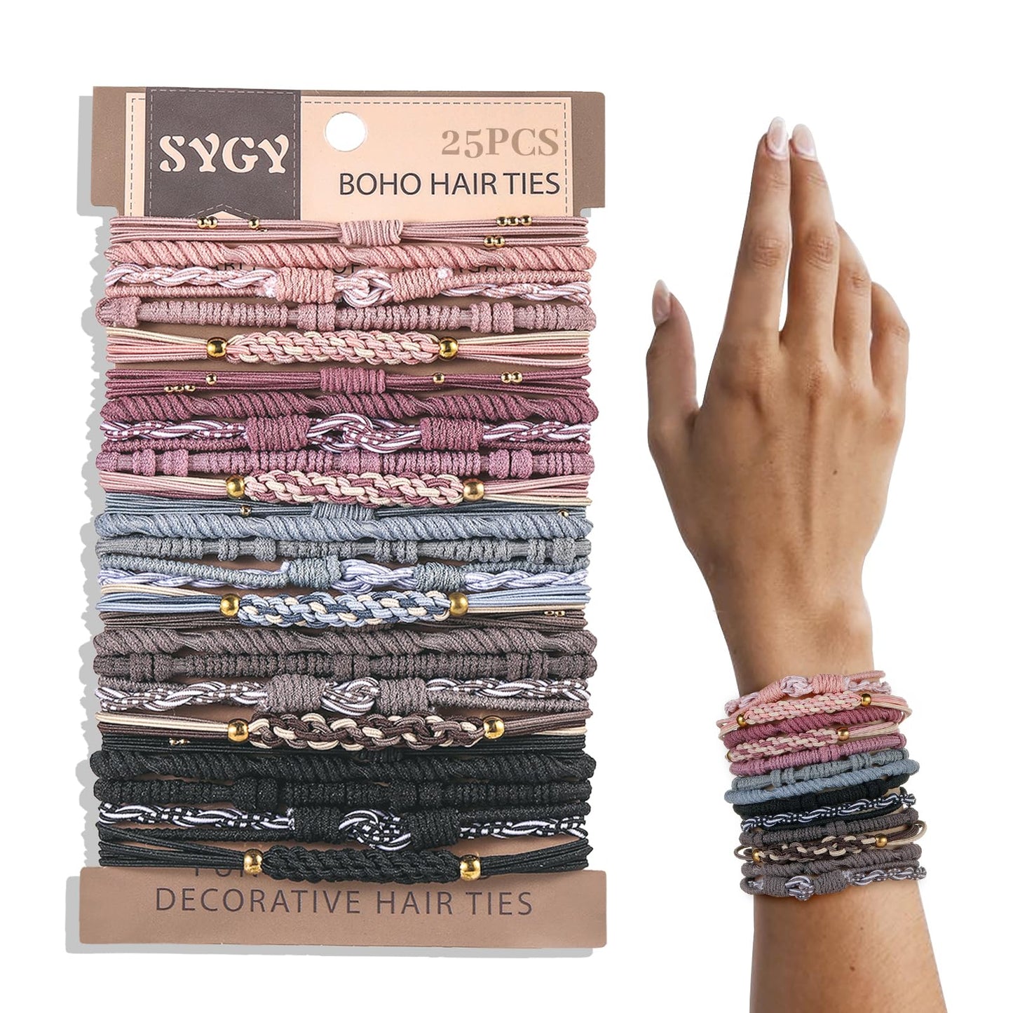 20 PCS Boho Hair Ties, Bracelets Hair Ties for Thick or Thin Hair, 4 Styles Boho Ties for Ponytail Holders, 2.36’’ Hair Ties No-Damage, Brown