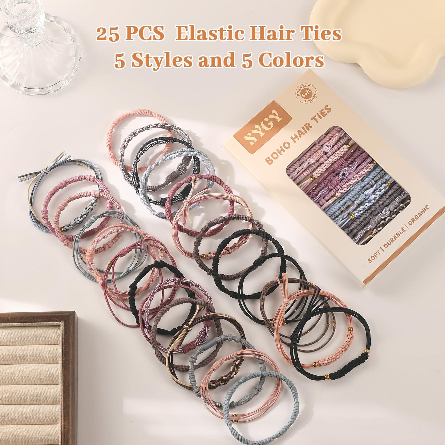 20 PCS Boho Hair Ties, Bracelets Hair Ties for Thick or Thin Hair, 4 Styles Boho Ties for Ponytail Holders, 2.36’’ Hair Ties No-Damage, Brown