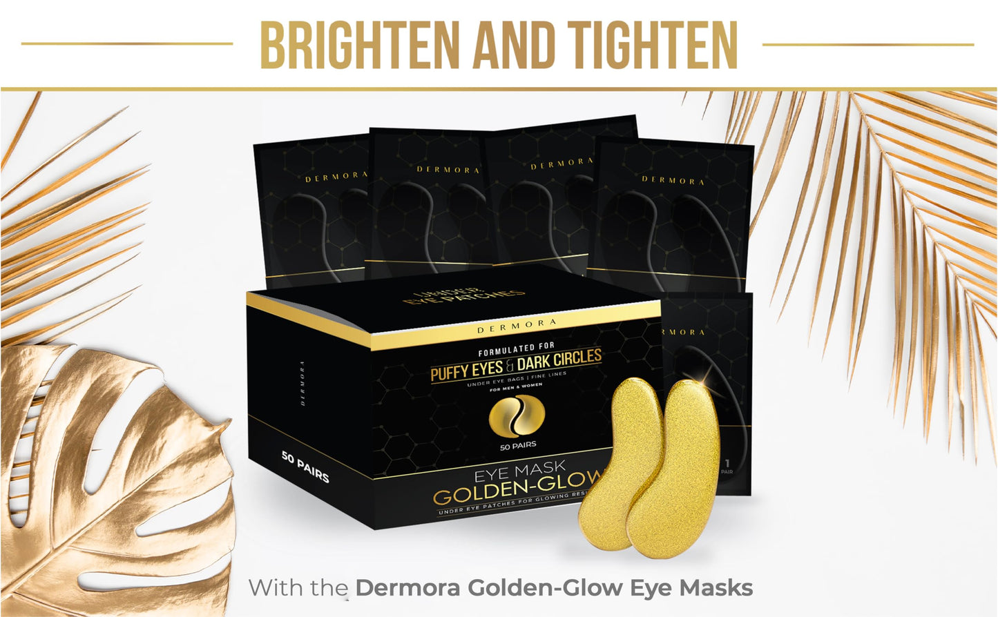 DERMORA Golden Glow Under Eye Patches (20 Pairs Eye Gels) - Rejuvenating Treatment for Dark Circles, Puffy Eyes, Refreshing, Revitalizing, Travel, Wrinkles