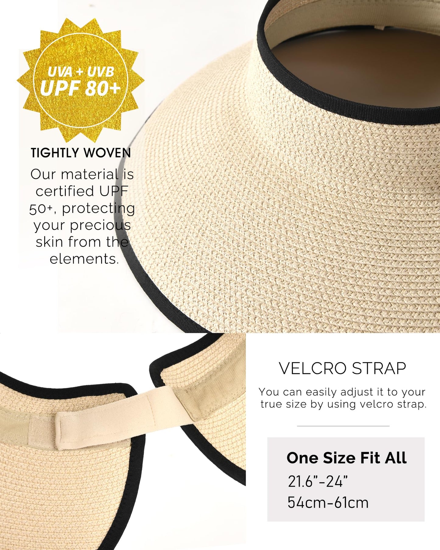 FURTALK Sun Visor Hats for Women Wide Brim Straw Ponytail Summer Beach Hat UV UPF Packable Foldable Travel