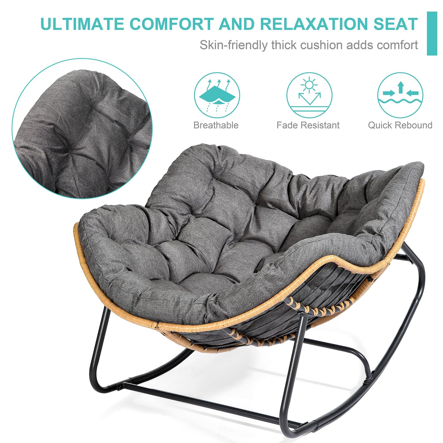 SWITTE Outdoor Rocking Chair, Patio Egg Rocking Chair, Indoor Papasan Chair, Rattan Wicker Lounge Chair, Modern Royal Chair for Bedroom, Living Room, Porch, Garden, Lawn-Beige