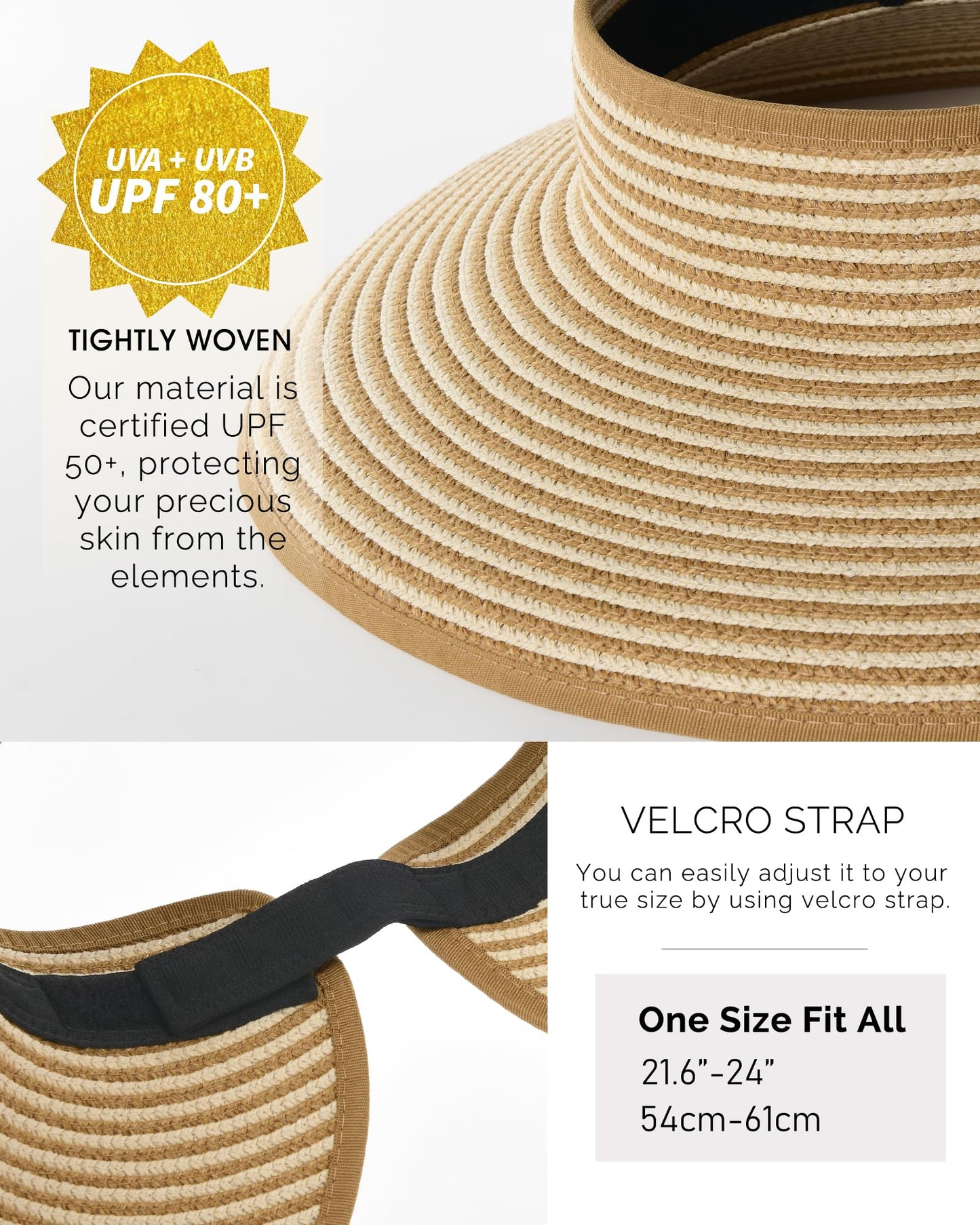 FURTALK Sun Visor Hats for Women Wide Brim Straw Ponytail Summer Beach Hat UV UPF Packable Foldable Travel