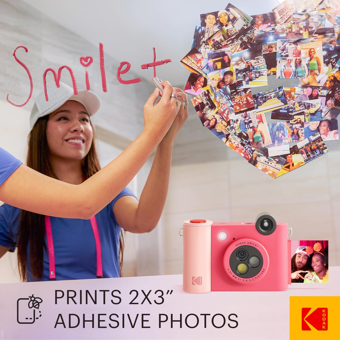 KODAK Smile+ 2-in-1 Digital Instant Print Camera & Wireless Bluetooth Photo Printer - 10MP, Special-Effect Rotating Lens, Zink 2x3” Sticky-Back Photos, Print via Fun App from Smart Devices - Fuchsia