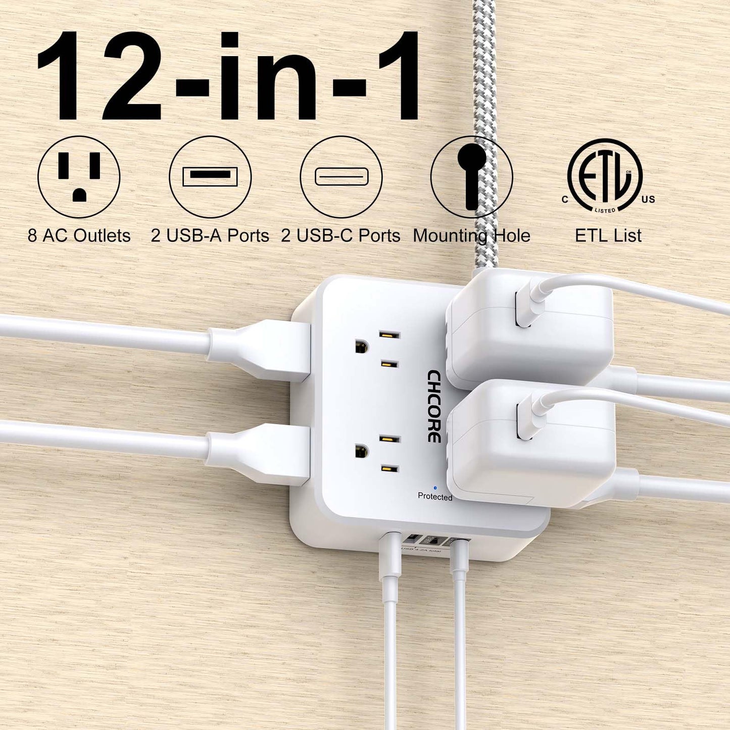 Surge Protector Power Strip - CHCORE 5Ft Braided Extension Cord with 8 Outlets with 4 USB (2 USB C) Charging Ports, Flat Plug Multi Plug Outlet Extender Charging Station for Home Office, ETL, White