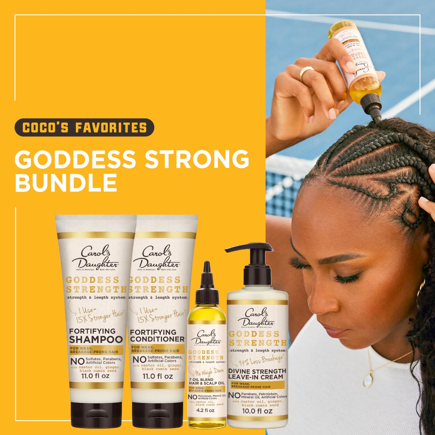 Carol's Daughter X Coco Gauff Goddess Strong Bundle: Hair Care Kit with Shampoo, Conditioner, Leave-In Treatment and Scalp Oil, 4 Items