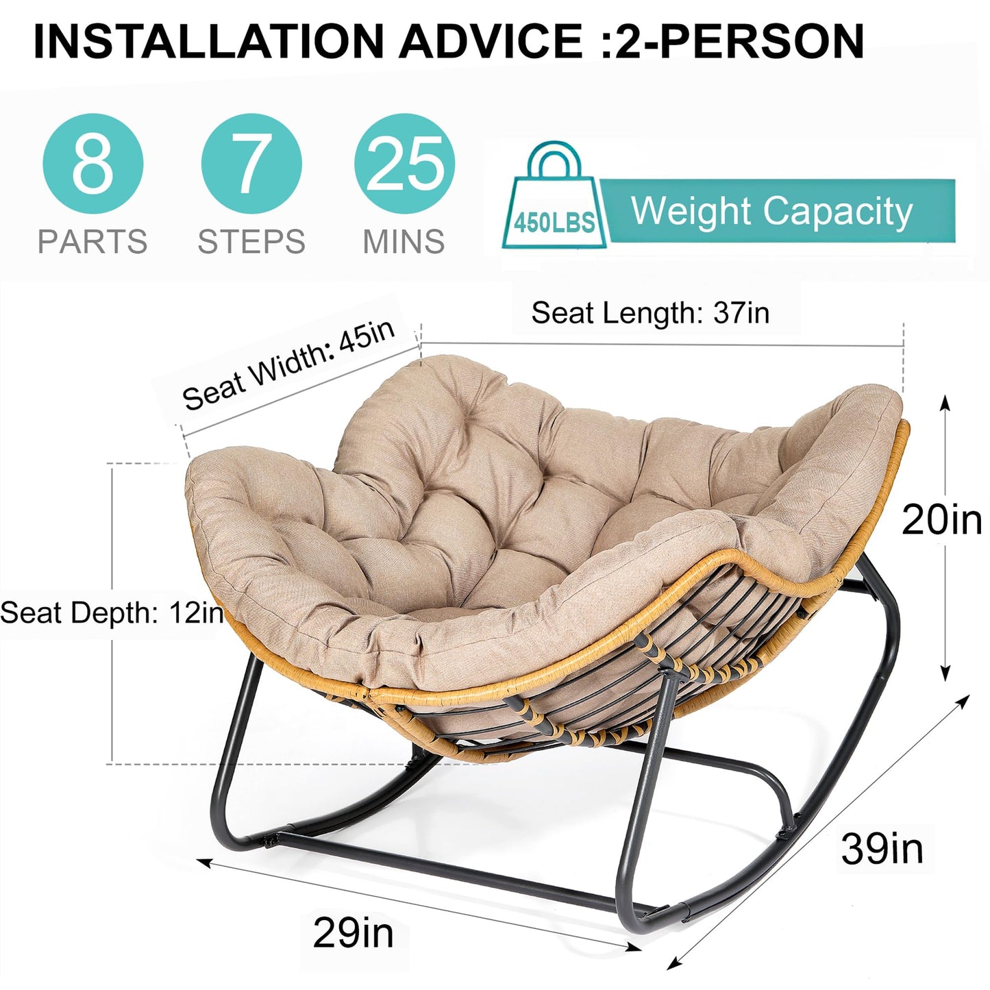 SWITTE Outdoor Rocking Chair, Patio Egg Rocking Chair, Indoor Papasan Chair, Rattan Wicker Lounge Chair, Modern Royal Chair for Bedroom, Living Room, Porch, Garden, Lawn-Beige