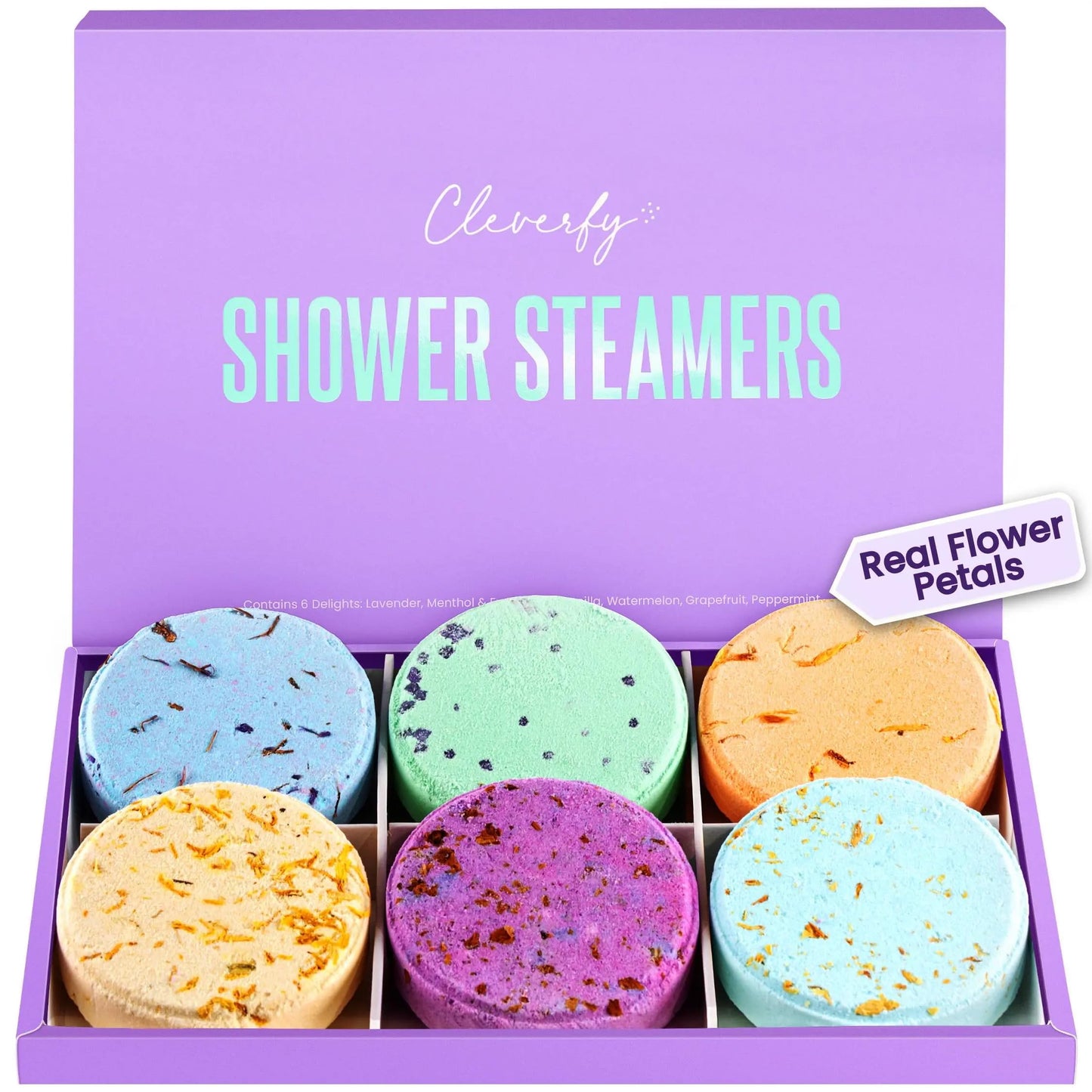 Cleverfy Shower Steamers for Aromatherapy - Purple Box of 6 Shower Bombs