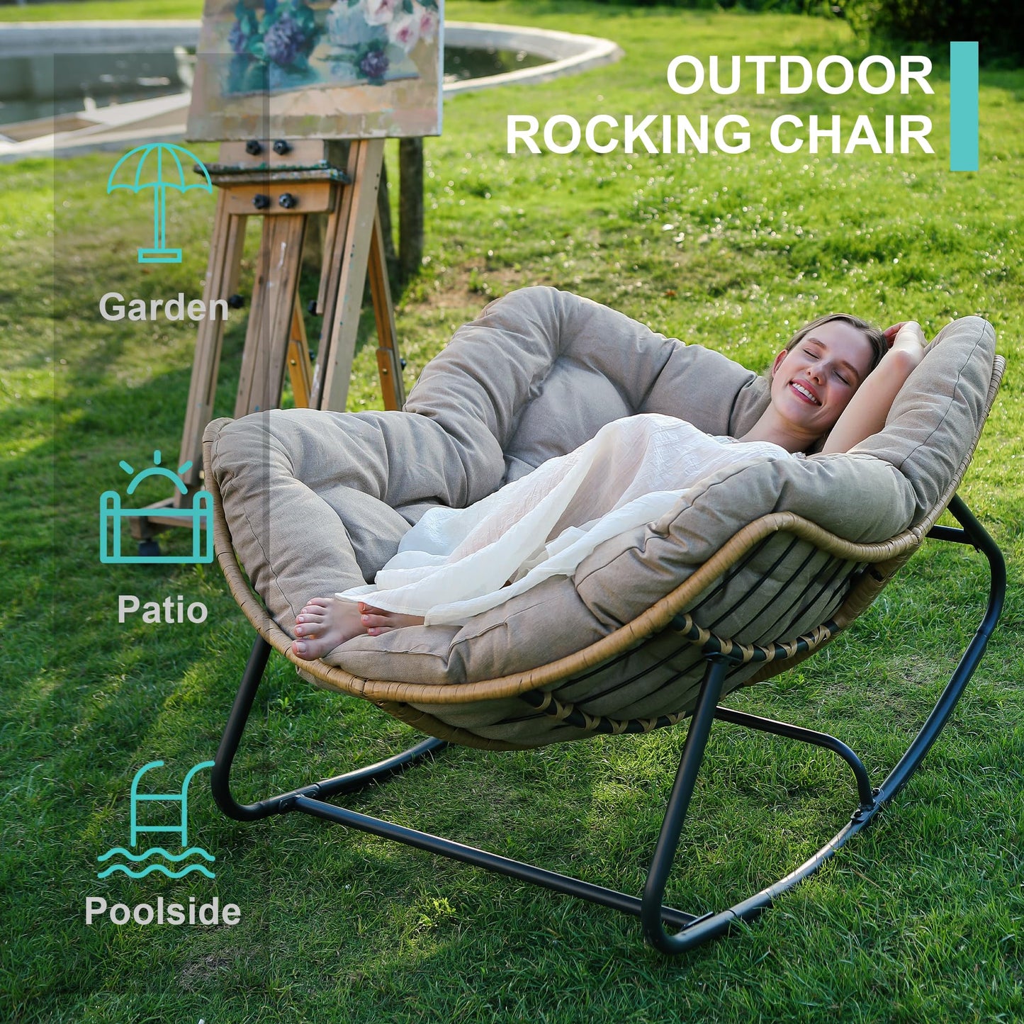 SWITTE Outdoor Rocking Chair, Patio Egg Rocking Chair, Indoor Papasan Chair, Rattan Wicker Lounge Chair, Modern Royal Chair for Bedroom, Living Room, Porch, Garden, Lawn-Beige