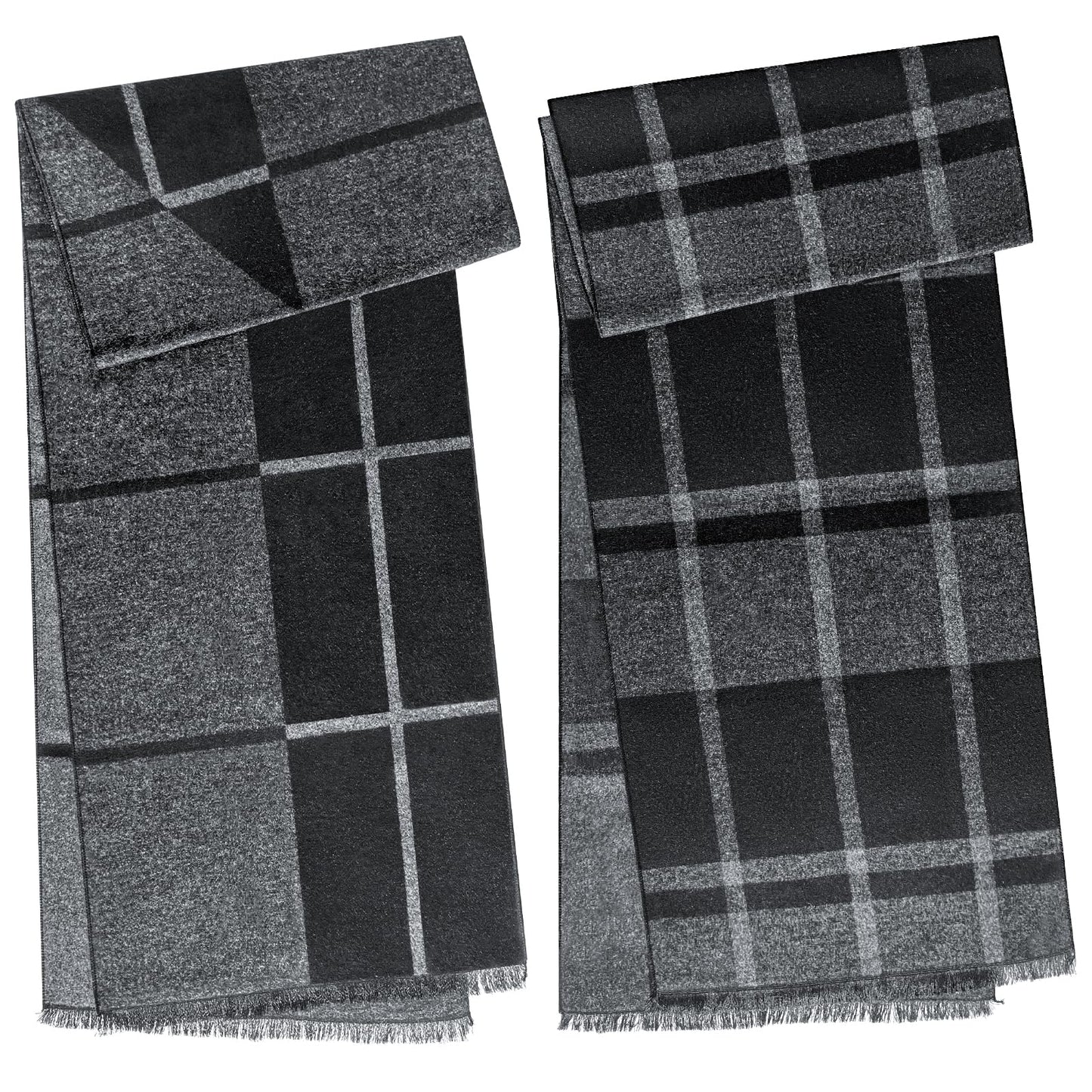 SUNOVELTIES Mens Winter Warm Scarf, 2 Pack Feel Wool Blend Tassel Soft Scarves Black Grey Long Grid Plaid Pattern