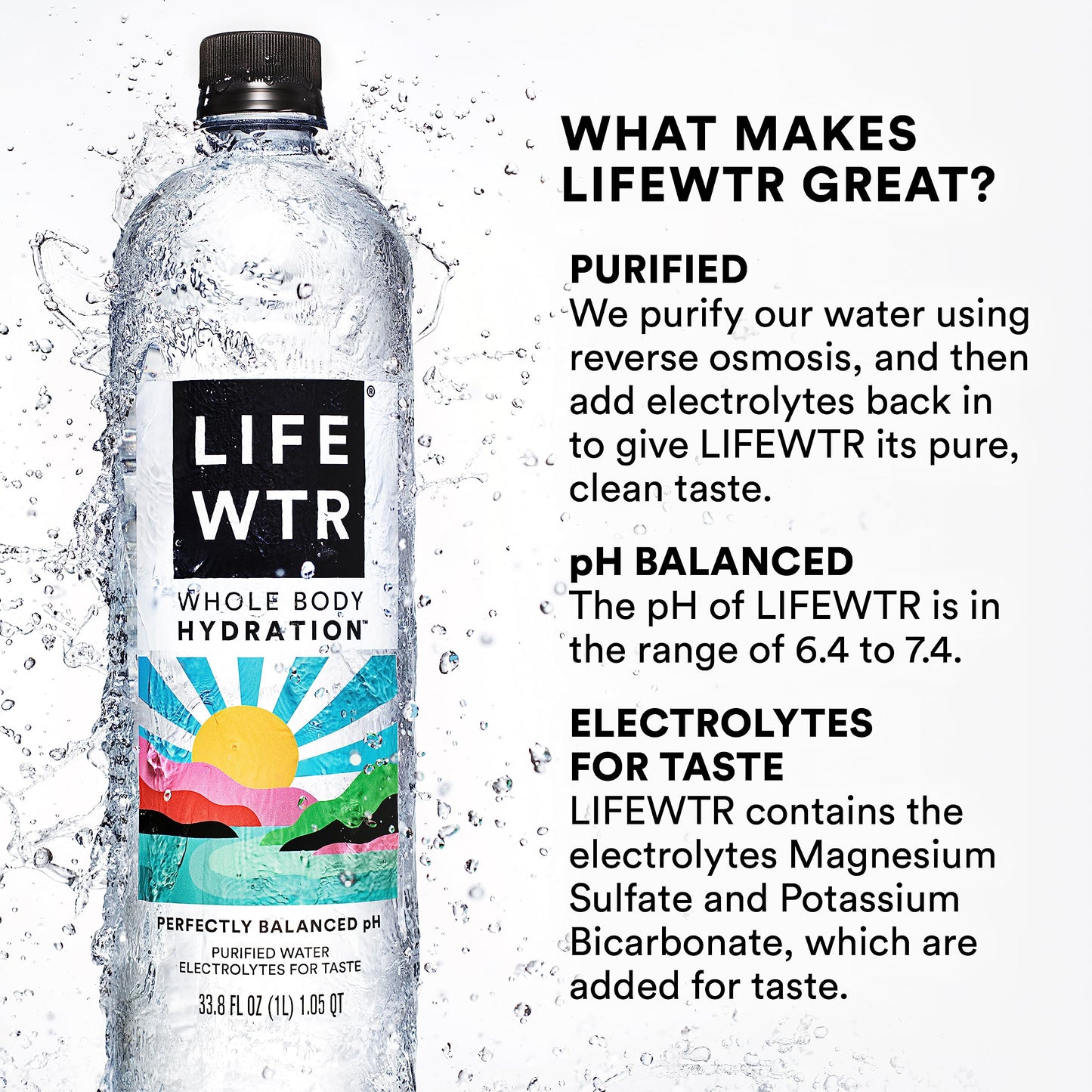 LIFEWTR Premium Purified Water pH Balanced with Electrolytes, 100% recycled plastic bottles, 16.9 Fl Oz Bottles, 500ml (Pack of 12)