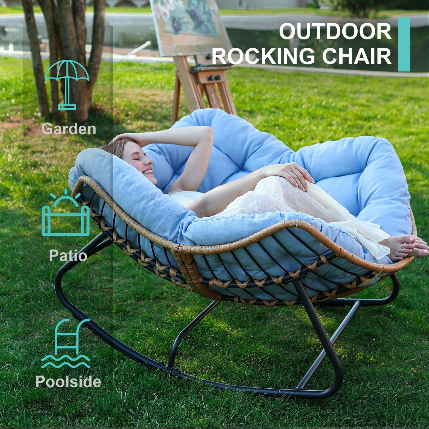 SWITTE Outdoor Rocking Chair, Patio Egg Rocking Chair, Indoor Papasan Chair, Rattan Wicker Lounge Chair, Modern Royal Chair for Bedroom, Living Room, Porch, Garden, Lawn-Beige