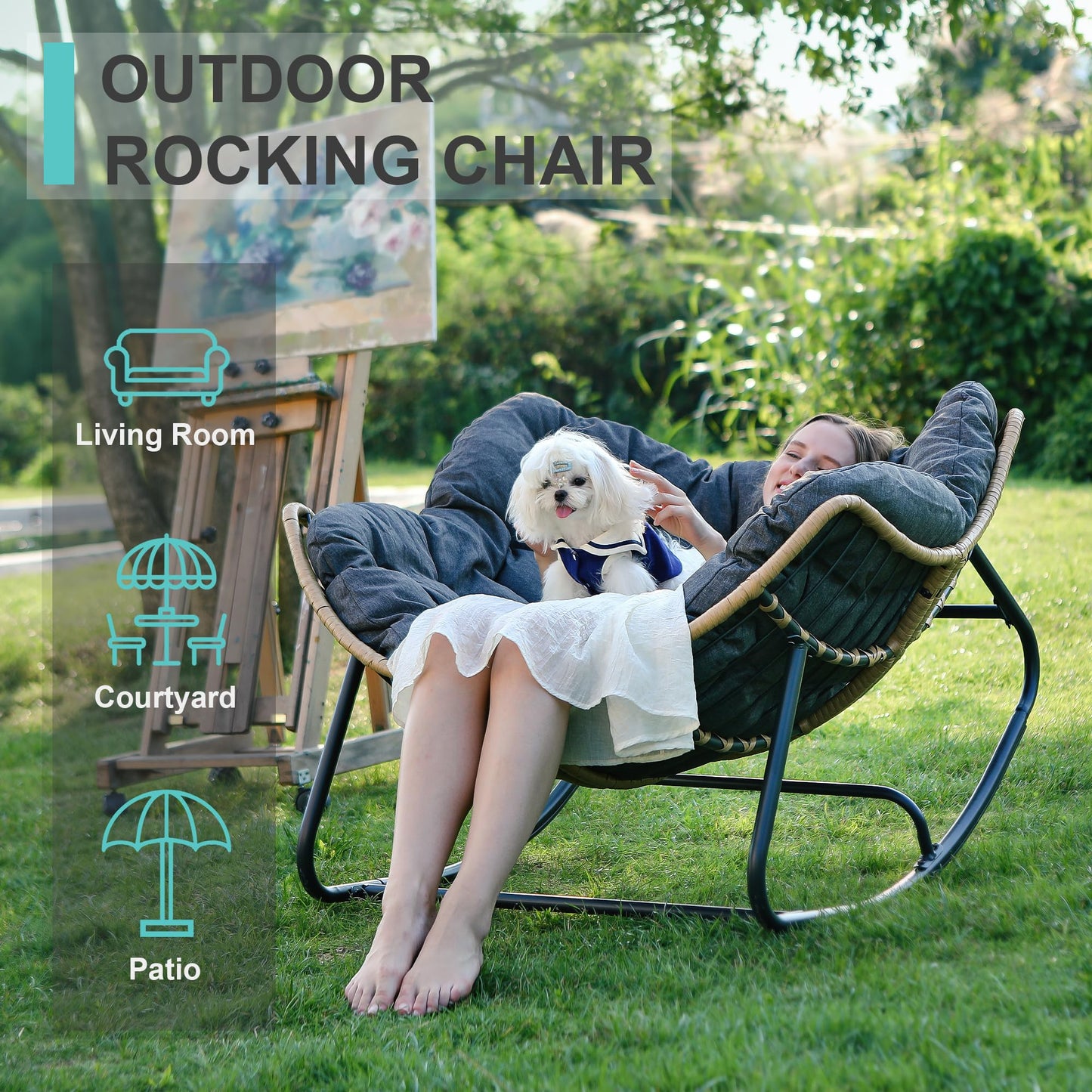 SWITTE Outdoor Rocking Chair, Patio Egg Rocking Chair, Indoor Papasan Chair, Rattan Wicker Lounge Chair, Modern Royal Chair for Bedroom, Living Room, Porch, Garden, Lawn-Beige