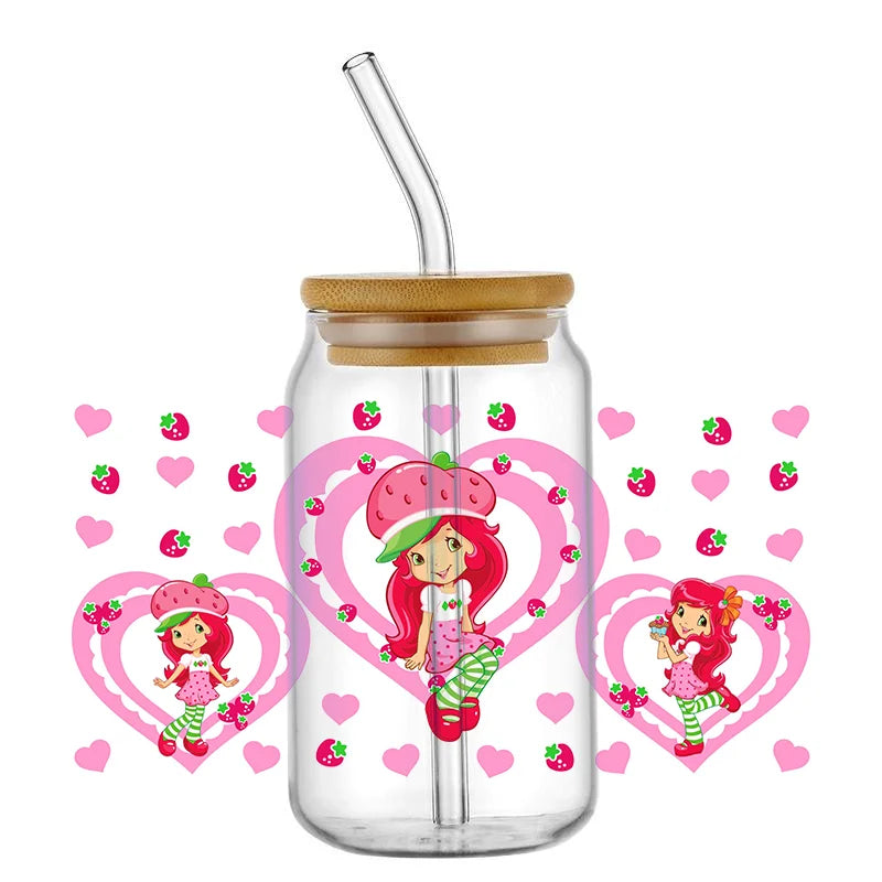 Miniso Kawaii Strawberry Design Custom Waterproof UV DTF Wrap Transfers 16oz Glass Cute Girl Decals for Libby Cups