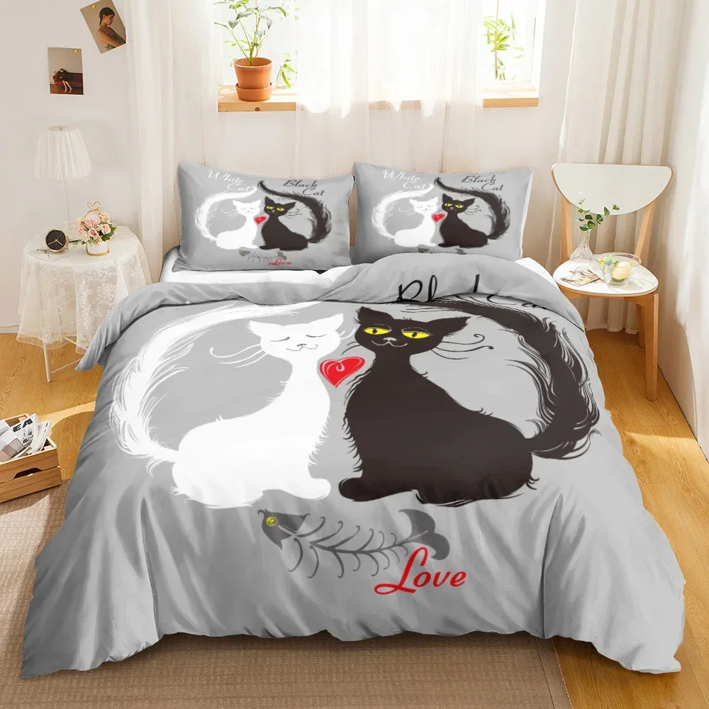 3PCS Single-sided Printed Bedding Set ,Comforter Cartoon Cute Cat Duvet Bedding Cover Pillows Comfortable Bedspreads BeddingSet