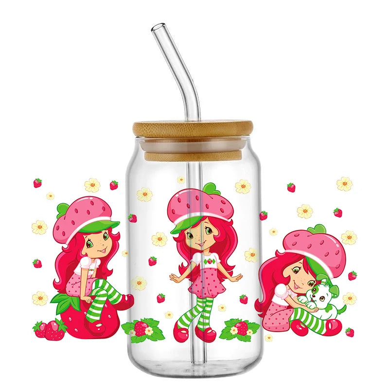 Miniso Kawaii Strawberry Design Custom Waterproof UV DTF Wrap Transfers 16oz Glass Cute Girl Decals for Libby Cups