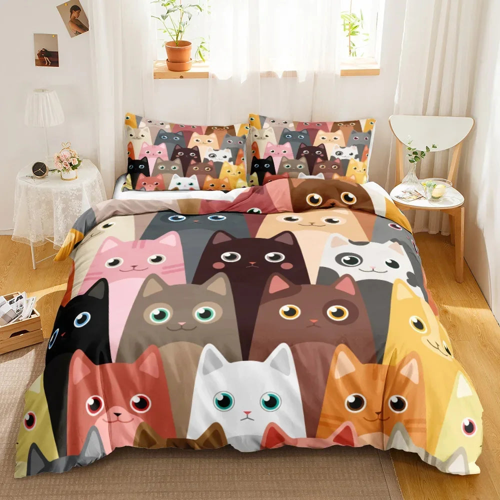 3PCS Single-sided Printed Bedding Set ,Comforter Cartoon Cute Cat Duvet Bedding Cover Pillows Comfortable Bedspreads BeddingSet