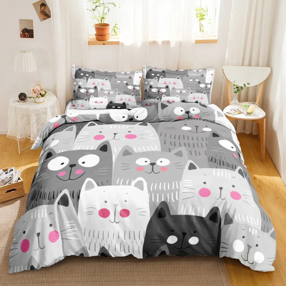 3PCS Single-sided Printed Bedding Set ,Comforter Cartoon Cute Cat Duvet Bedding Cover Pillows Comfortable Bedspreads BeddingSet