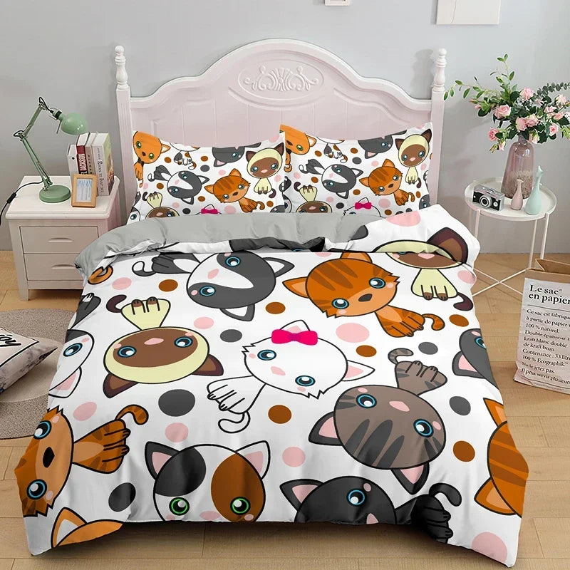 3PCS Single-sided Printed Bedding Set ,Comforter Cartoon Cute Cat Duvet Bedding Cover Pillows Comfortable Bedspreads BeddingSet