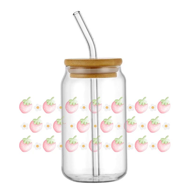 Miniso Kawaii Strawberry Design Custom Waterproof UV DTF Wrap Transfers 16oz Glass Cute Girl Decals for Libby Cups