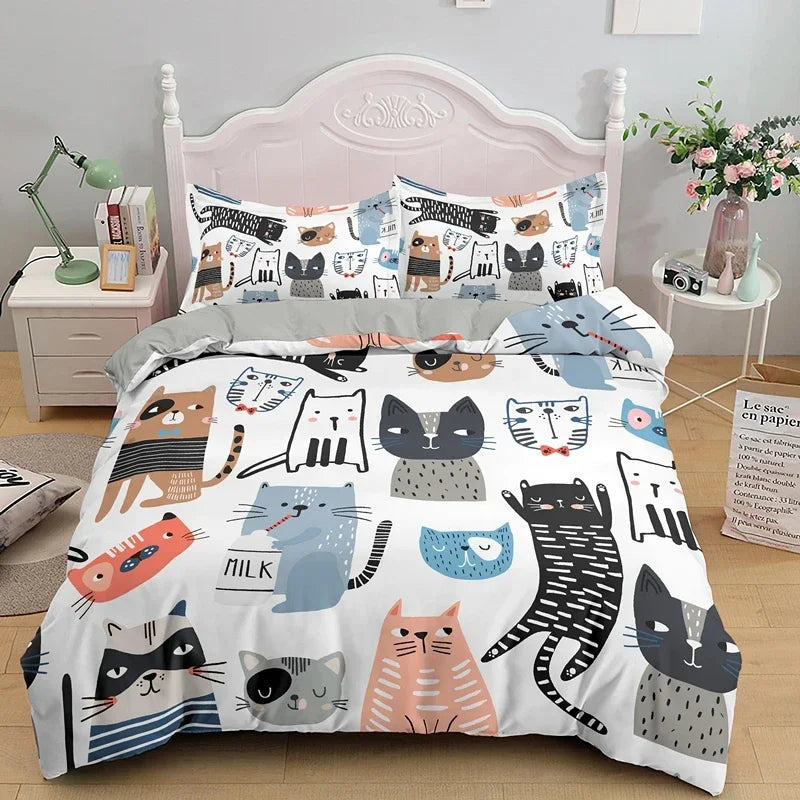 3PCS Single-sided Printed Bedding Set ,Comforter Cartoon Cute Cat Duvet Bedding Cover Pillows Comfortable Bedspreads BeddingSet