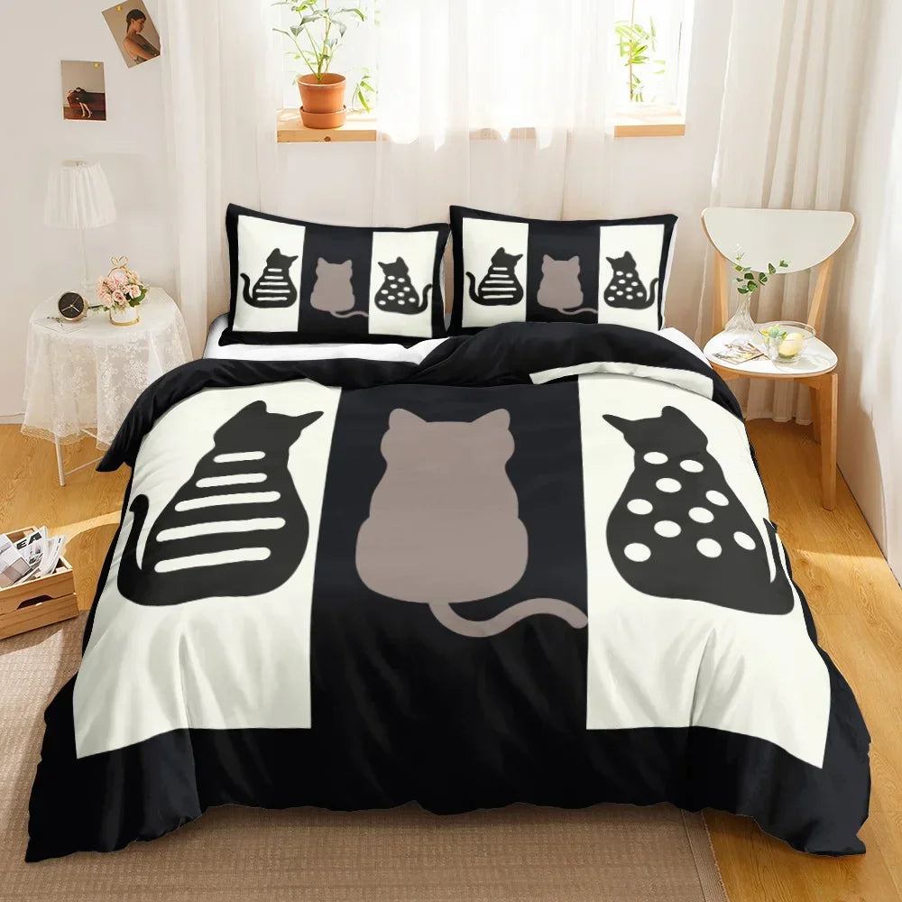 3PCS Single-sided Printed Bedding Set ,Comforter Cartoon Cute Cat Duvet Bedding Cover Pillows Comfortable Bedspreads BeddingSet