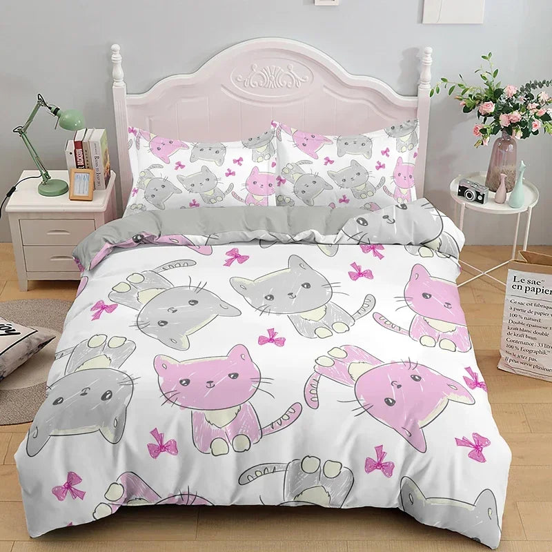 3PCS Single-sided Printed Bedding Set ,Comforter Cartoon Cute Cat Duvet Bedding Cover Pillows Comfortable Bedspreads BeddingSet