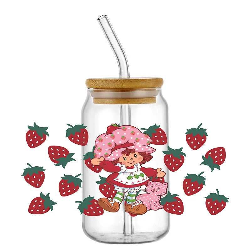 Miniso Kawaii Strawberry Design Custom Waterproof UV DTF Wrap Transfers 16oz Glass Cute Girl Decals for Libby Cups