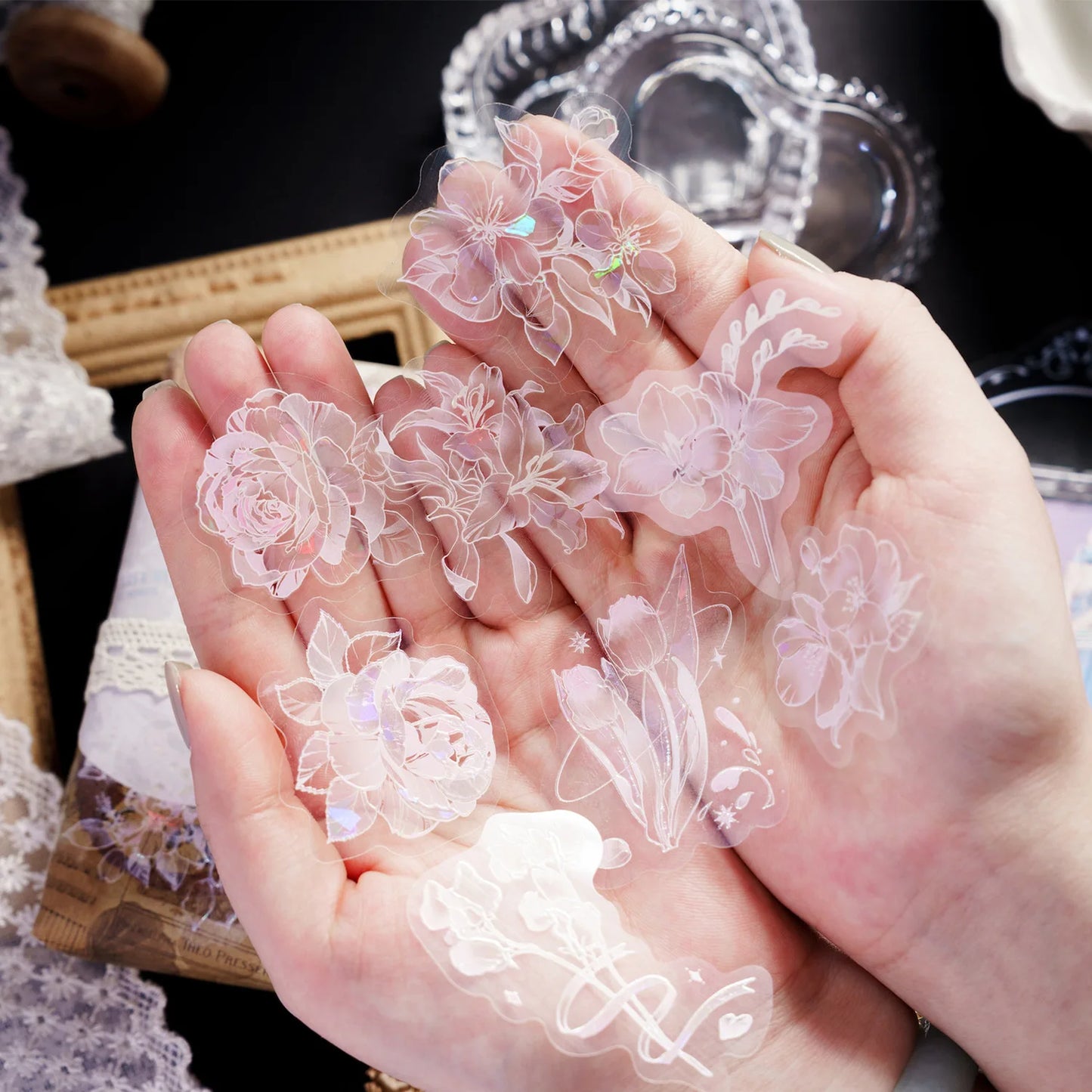 15Pcs White Ink Flower Transparent Waterproof Stickers Pack DIY Decoration Scrapbook Stickers For Planners Scrapbooking Laptops