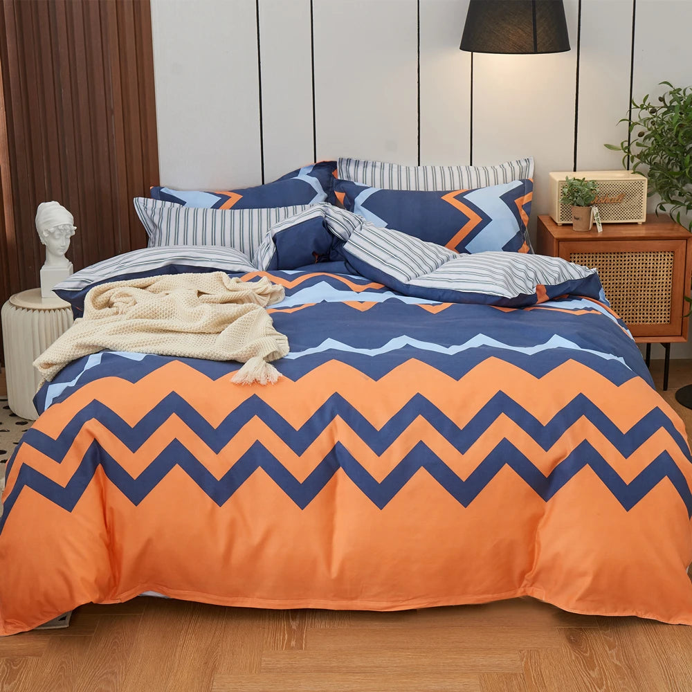 Striped Grey Duvet Cover Twin Queen Size Reversible Neutral Orange Plaid Quilt Cover Geometric Bedding Set Microfiber 3 Pcs Set