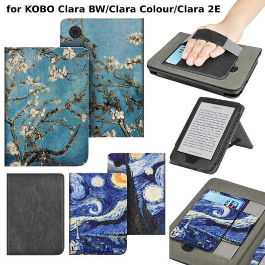 For Kobo Clara BW / Colour/ 2E Case with Hand Strap Stand Holder Card Slot 6 inch Leather Cover Ebook N365 N367 2024 N506 Funda