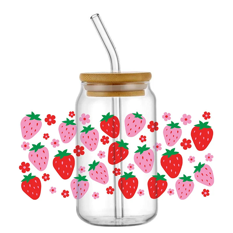 Miniso Kawaii Strawberry Design Custom Waterproof UV DTF Wrap Transfers 16oz Glass Cute Girl Decals for Libby Cups