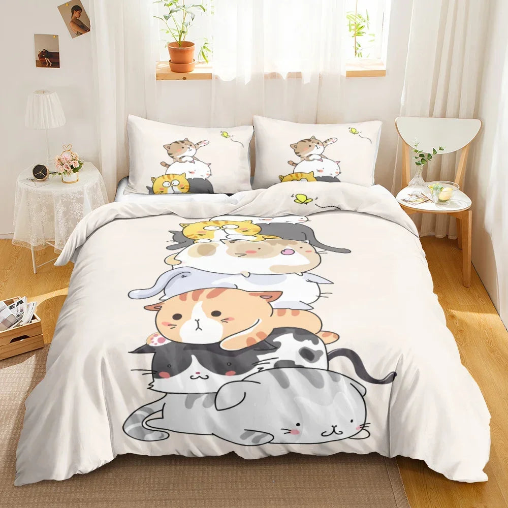 3PCS Single-sided Printed Bedding Set ,Comforter Cartoon Cute Cat Duvet Bedding Cover Pillows Comfortable Bedspreads BeddingSet