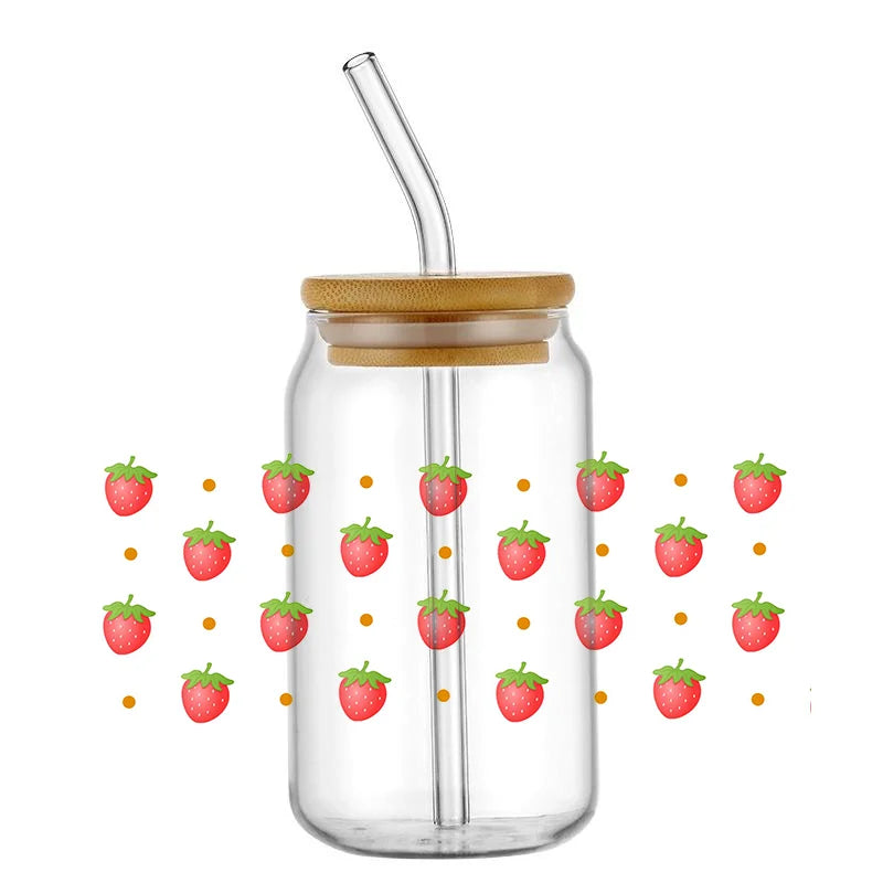 Miniso Kawaii Strawberry Design Custom Waterproof UV DTF Wrap Transfers 16oz Glass Cute Girl Decals for Libby Cups