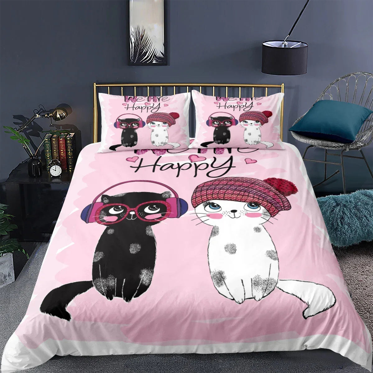 3PCS Single-sided Printed Bedding Set ,Comforter Cartoon Cute Cat Duvet Bedding Cover Pillows Comfortable Bedspreads BeddingSet