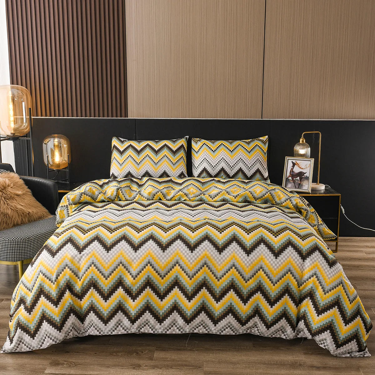 Striped Grey Duvet Cover Twin Queen Size Reversible Neutral Orange Plaid Quilt Cover Geometric Bedding Set Microfiber 3 Pcs Set