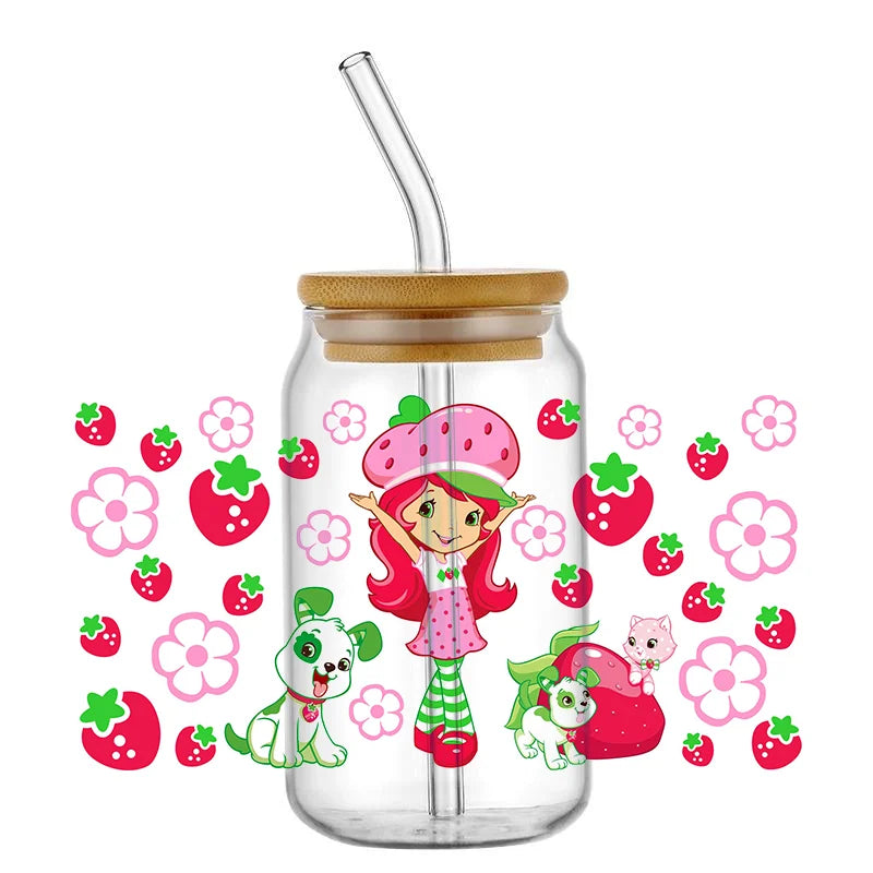 Miniso Kawaii Strawberry Design Custom Waterproof UV DTF Wrap Transfers 16oz Glass Cute Girl Decals for Libby Cups