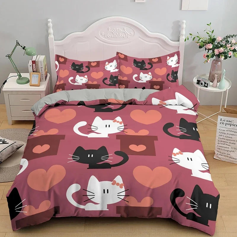 3PCS Single-sided Printed Bedding Set ,Comforter Cartoon Cute Cat Duvet Bedding Cover Pillows Comfortable Bedspreads BeddingSet