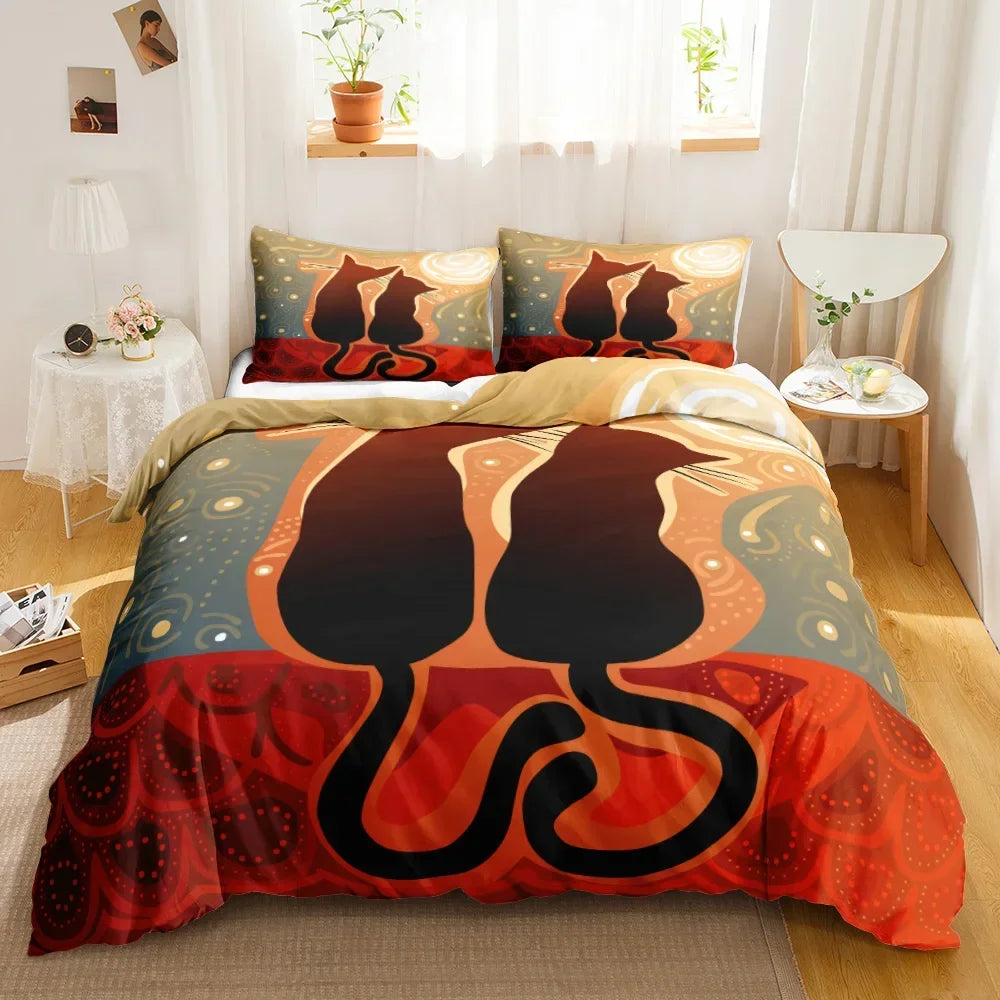 3PCS Single-sided Printed Bedding Set ,Comforter Cartoon Cute Cat Duvet Bedding Cover Pillows Comfortable Bedspreads BeddingSet