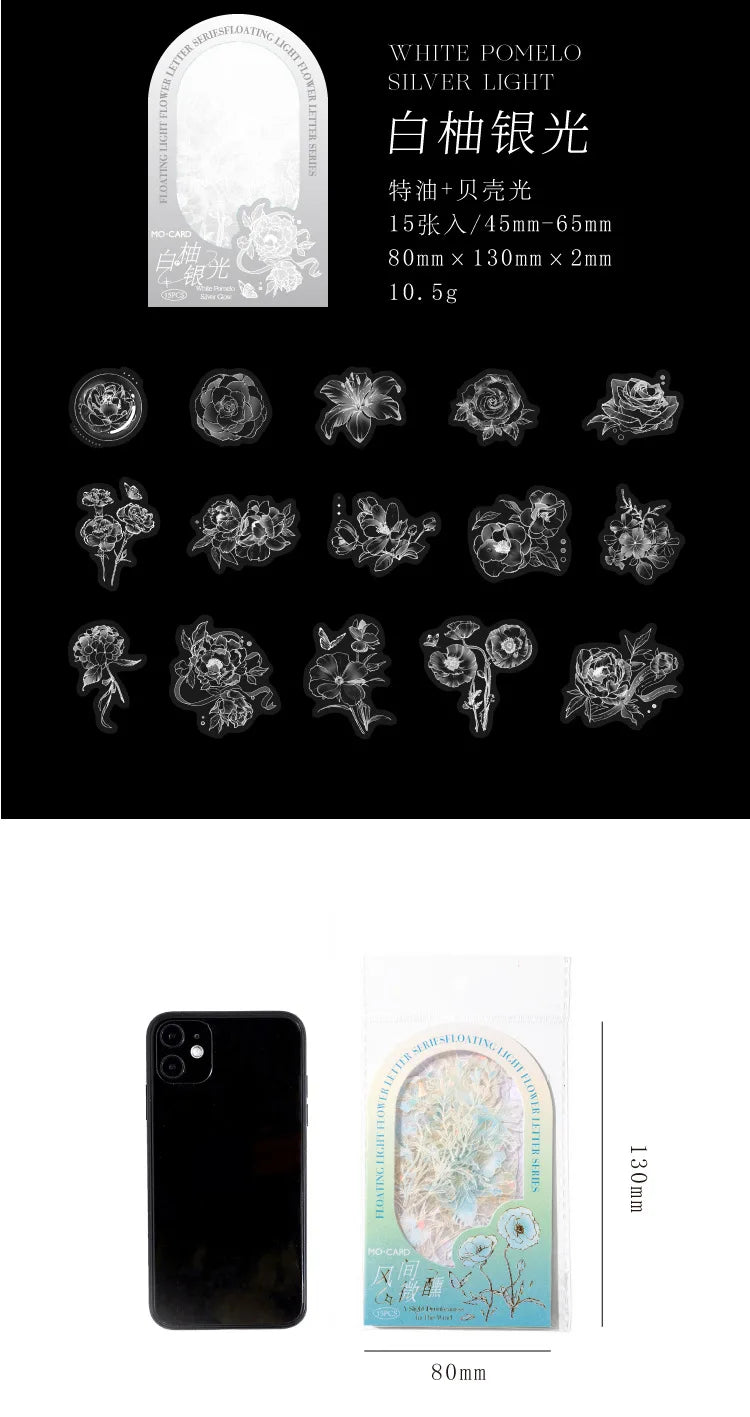 15Pcs White Ink Flower Transparent Waterproof Stickers Pack DIY Decoration Scrapbook Stickers For Planners Scrapbooking Laptops