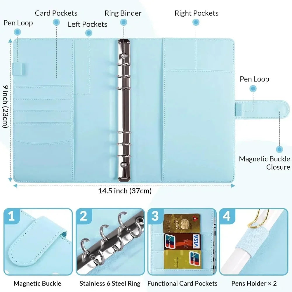 Sharkbang A5 PU 100 Envelope Saving Challenge Book,Binder Collect Book Set 25 Sheets 100 Pockets Number Sleeves Full Set Holder