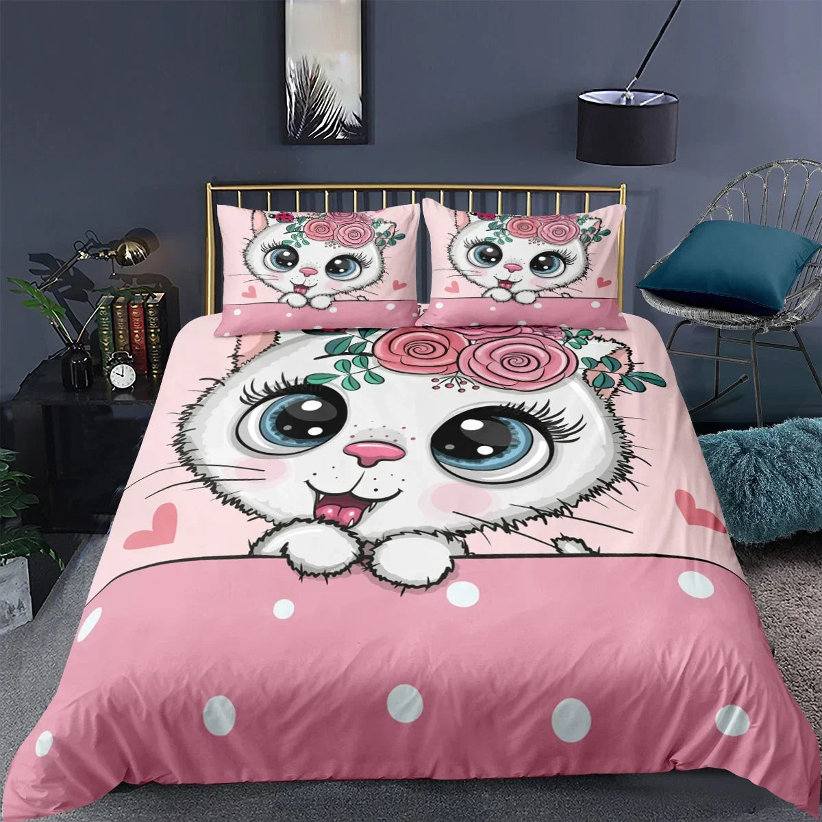 3PCS Single-sided Printed Bedding Set ,Comforter Cartoon Cute Cat Duvet Bedding Cover Pillows Comfortable Bedspreads BeddingSet