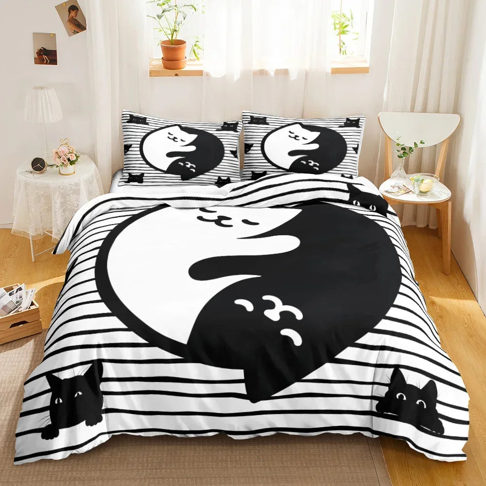 3PCS Single-sided Printed Bedding Set ,Comforter Cartoon Cute Cat Duvet Bedding Cover Pillows Comfortable Bedspreads BeddingSet