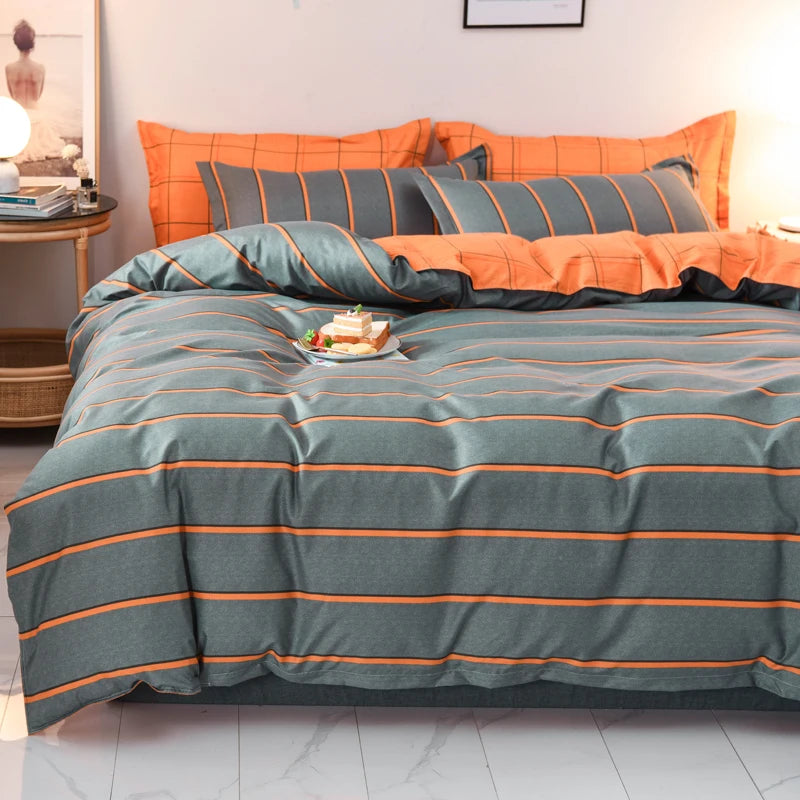 Striped Grey Duvet Cover Twin Queen Size Reversible Neutral Orange Plaid Quilt Cover Geometric Bedding Set Microfiber 3 Pcs Set