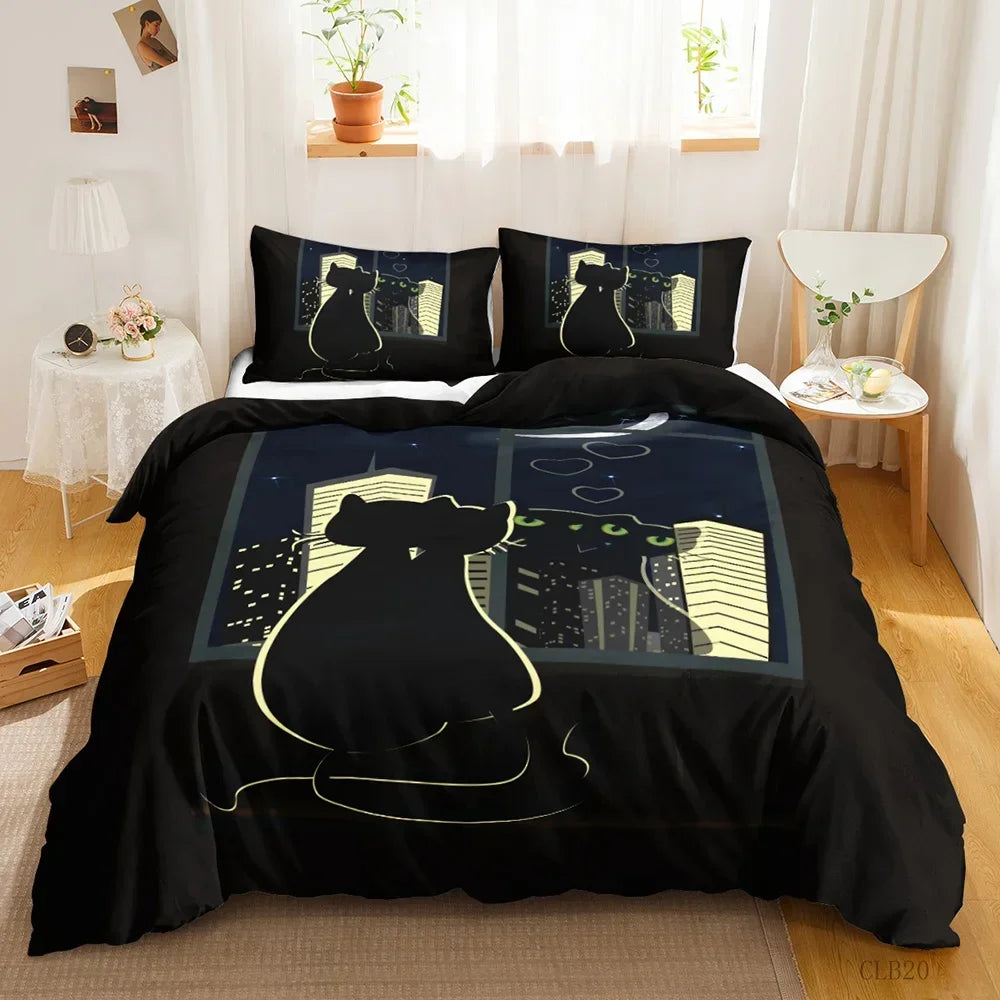 3PCS Single-sided Printed Bedding Set ,Comforter Cartoon Cute Cat Duvet Bedding Cover Pillows Comfortable Bedspreads BeddingSet