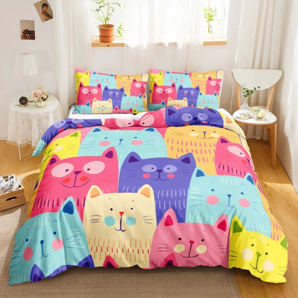 3PCS Single-sided Printed Bedding Set ,Comforter Cartoon Cute Cat Duvet Bedding Cover Pillows Comfortable Bedspreads BeddingSet