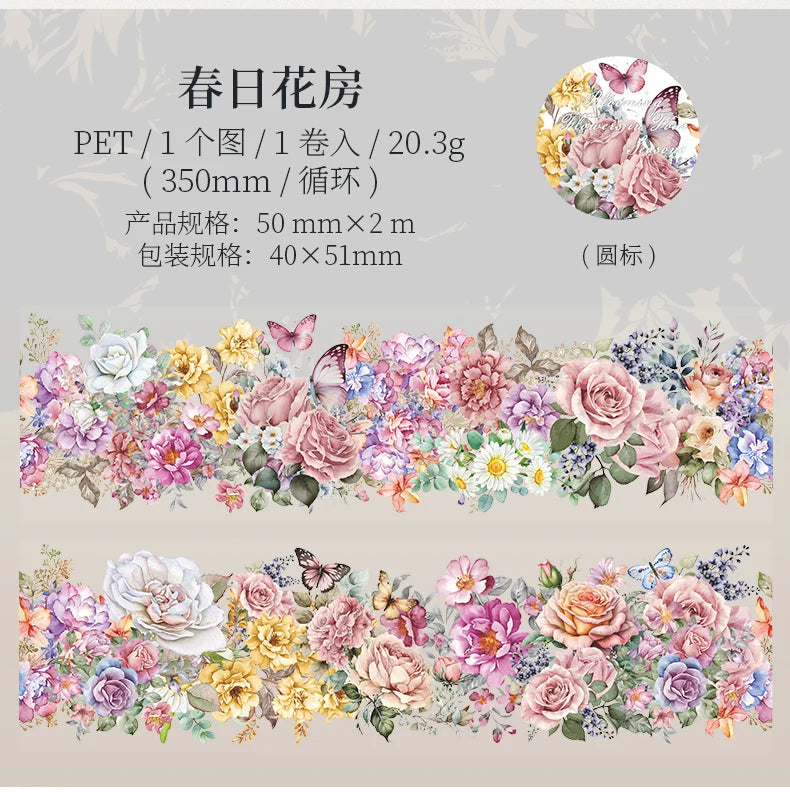 PET Tape flower Pattern Self-Adhesive Tape Sticker Decorative Masking Tape DIY Craft Decorative Tape For Scrapbooking Decoration